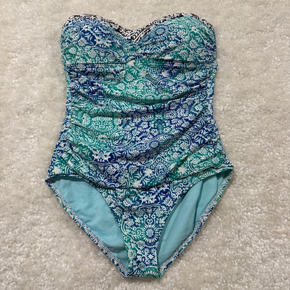 Tommy Bahama One Piece Swimsuit Womens 8 Blue Green Paisley Ruched Bandeau